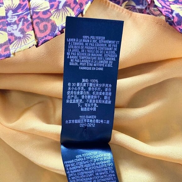 TED BAKER BARTA YELLOW ORANGE FLORAL BLACK SHEER CHIFFON PLEATED A-LINE DRESS - Picture 13 of 14